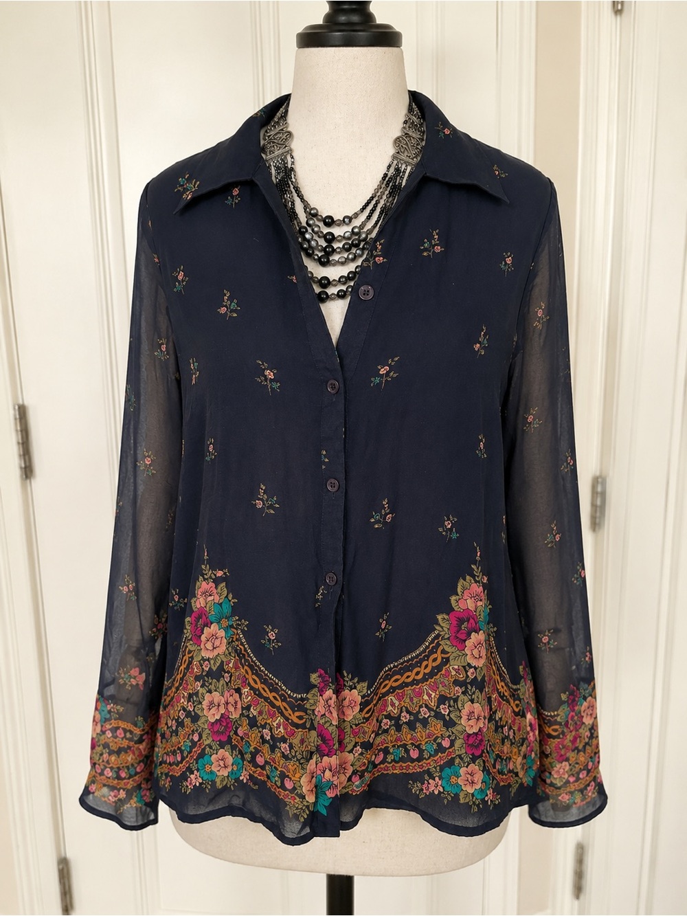 100% Silk XL-Navy Floral Border Sheer Button-Up Blouse